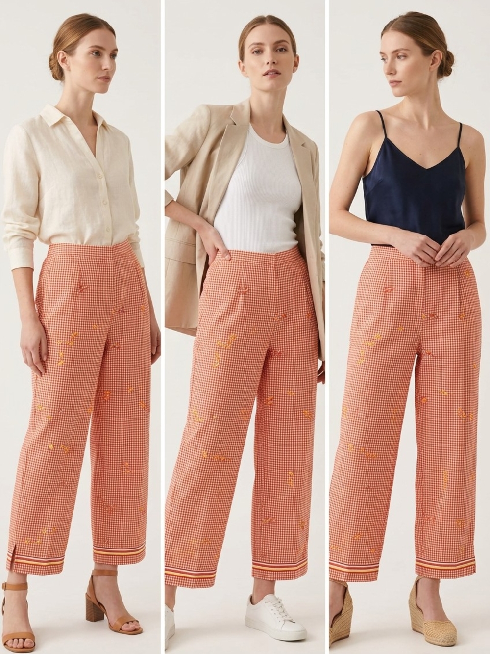 Sportelle Coral Gingham Wide-Leg Pants with Yellow Embroidery
